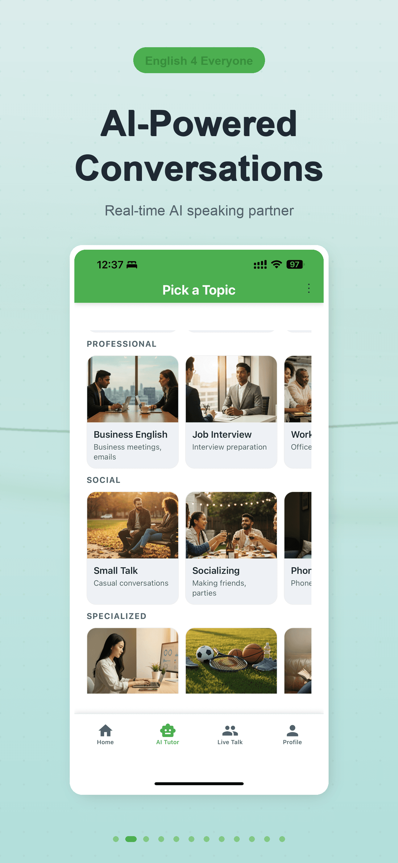 AI-Powered Conversations — pick a topic from Professional, Social, or Specialized.