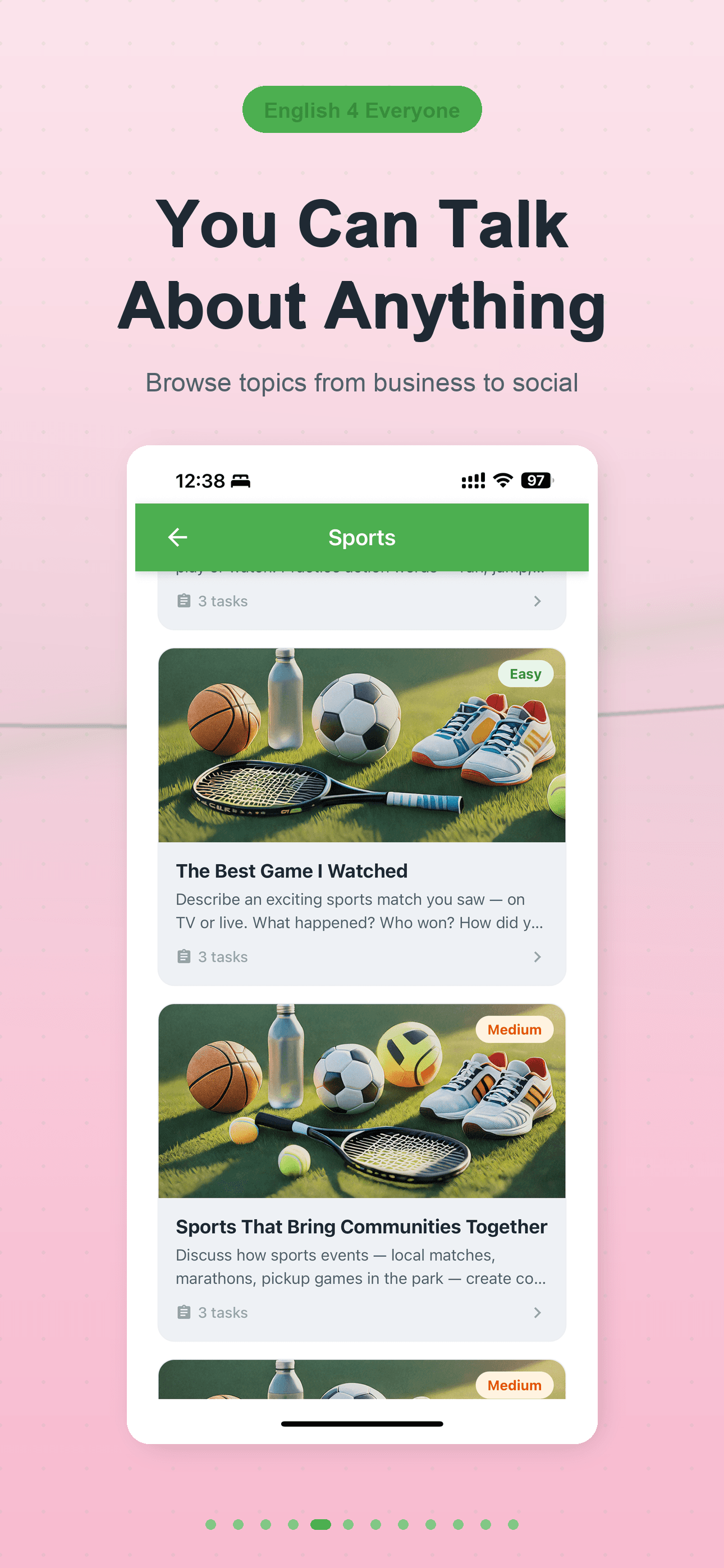 Topic Browser — drill into a category like Sports and pick a task by difficulty.