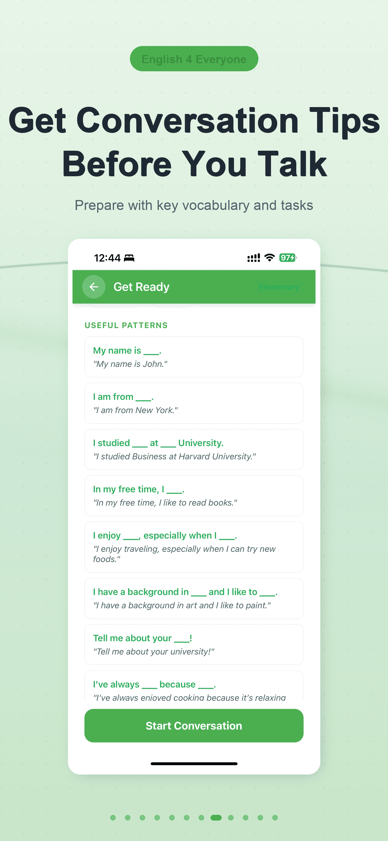 Get Conversation Tips Before You Talk — useful sentence patterns.