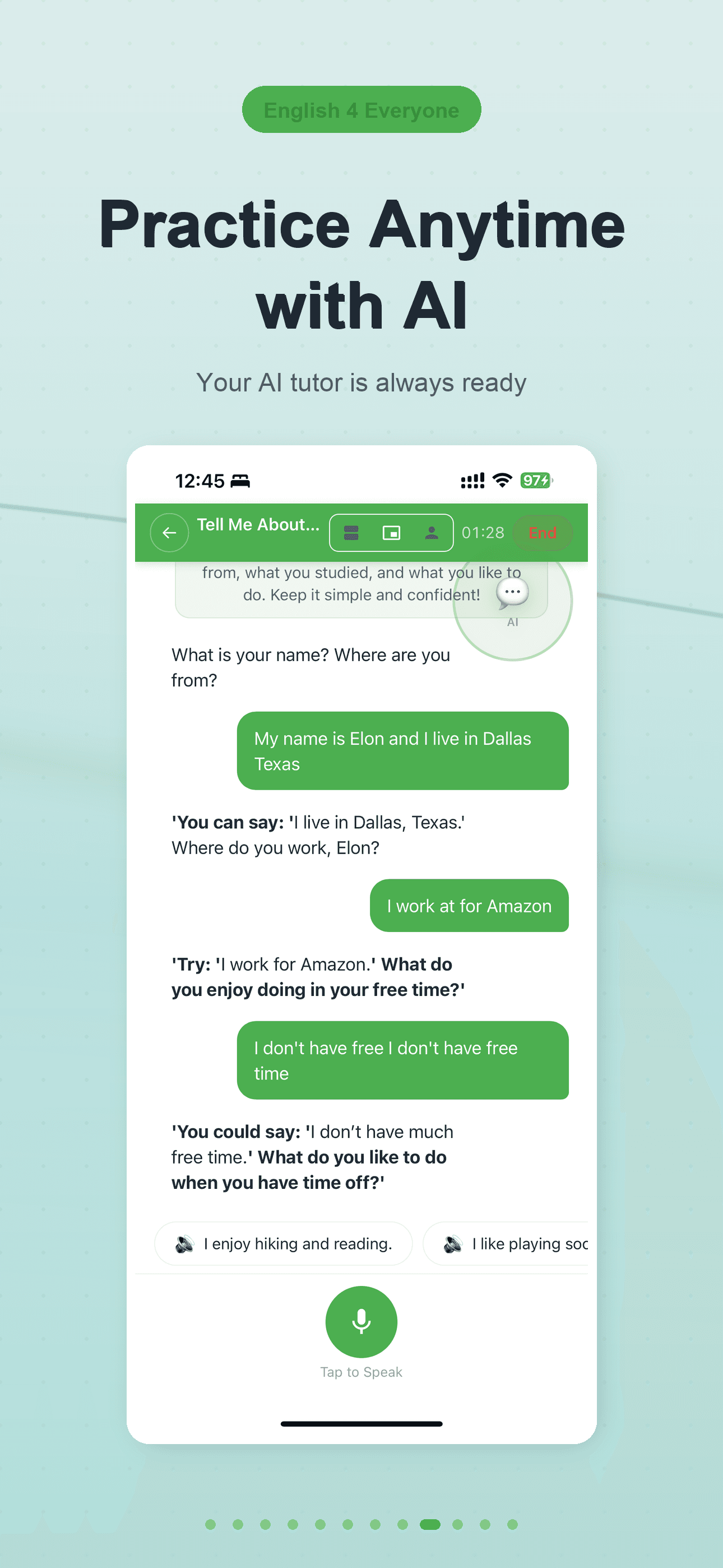 Practice Anytime with AI — voice input via the mic button, live transcript and AI replies.